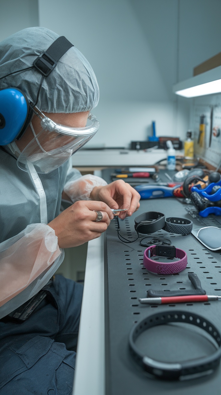 A technician repairing a smartwatch at a workbench filled with tools and other wearable devices.