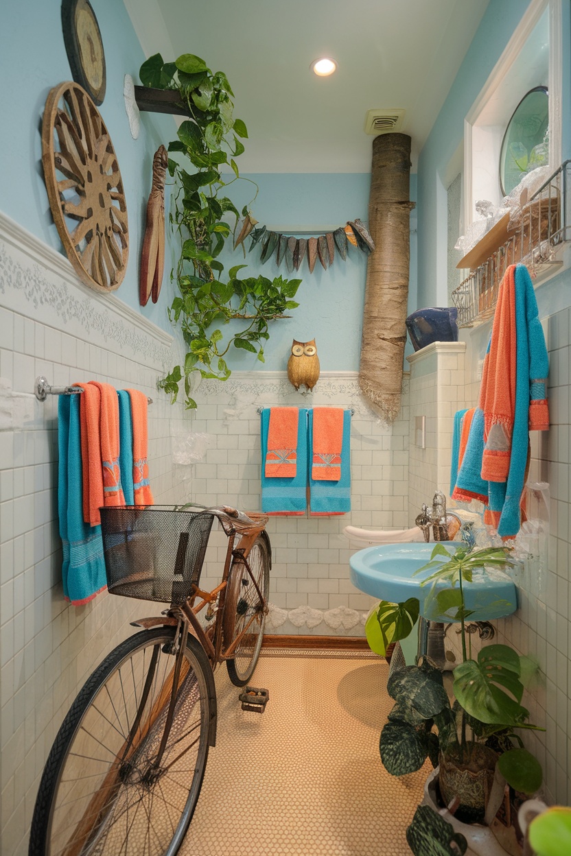 A whimsical bathroom with blue walls, orange and turquoise towels, a vintage bike, plants, and wooden decorations.