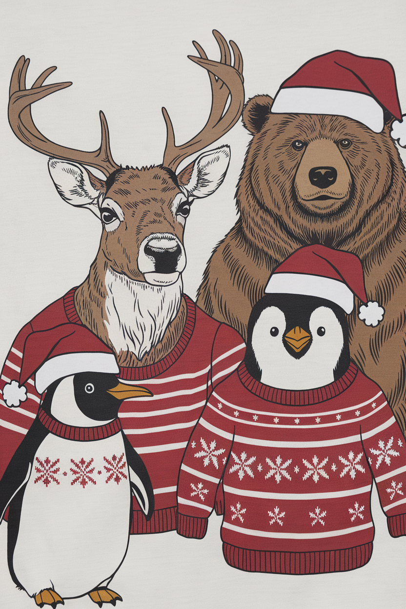 A festive illustration of a bear, deer, and penguin wearing Christmas sweaters and Santa hats.