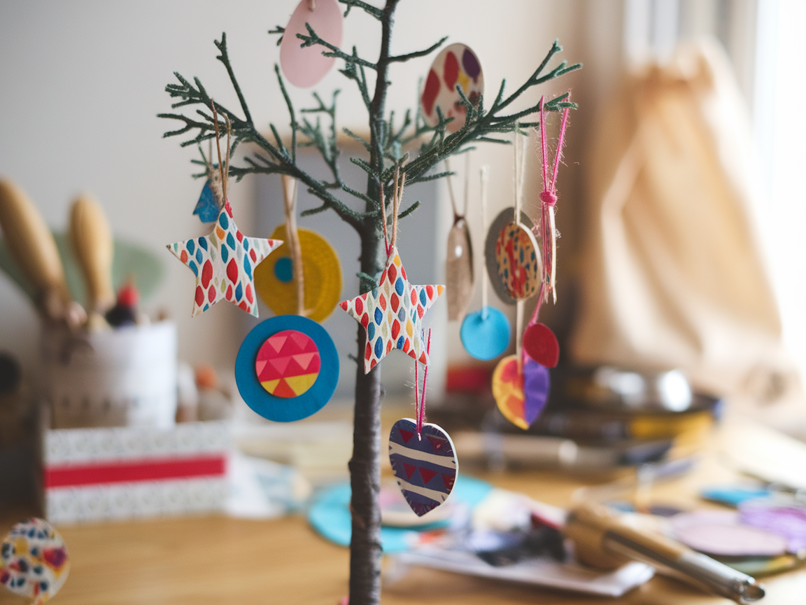 A DIY ornament tree with colorful handmade ornaments hanging from it.