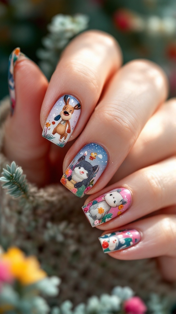 Colorful nail art featuring whimsical illustrations of animals and flowers.