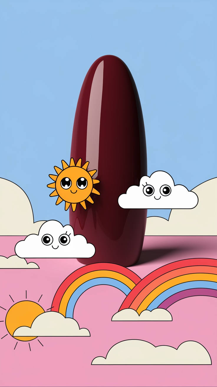 A dark cherry red nail surrounded by playful cartoon sun, clouds, and rainbows on a pastel background.