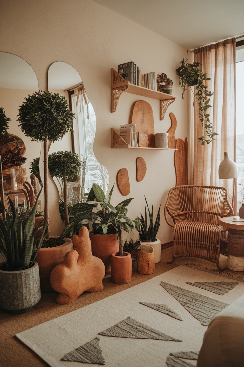 A cozy room filled with plants, earthy decor, and natural light.