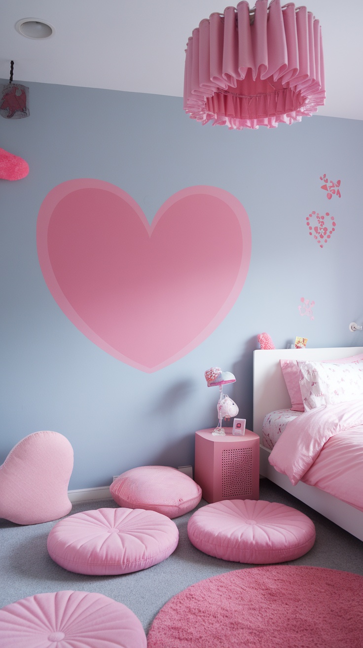 Cozy pink bedroom with heart mural, cushions, and stylish lamp