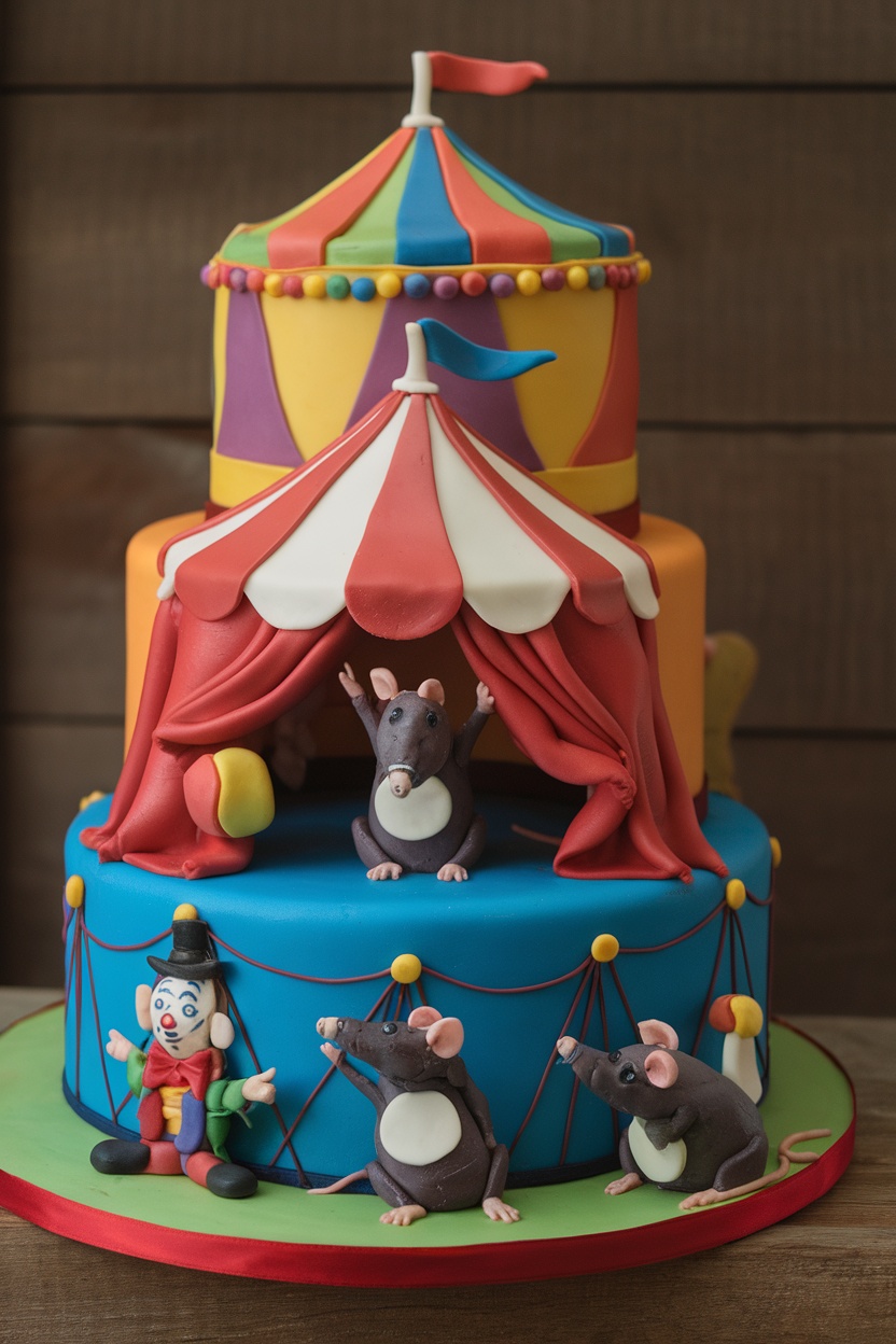 A colorful rat circus cake with a clown and playful rat figurines