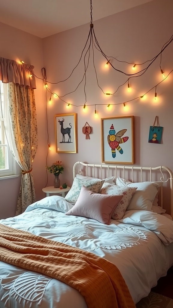 Cozy bedroom with warm lighting, decorative pillows, and whimsical wall art