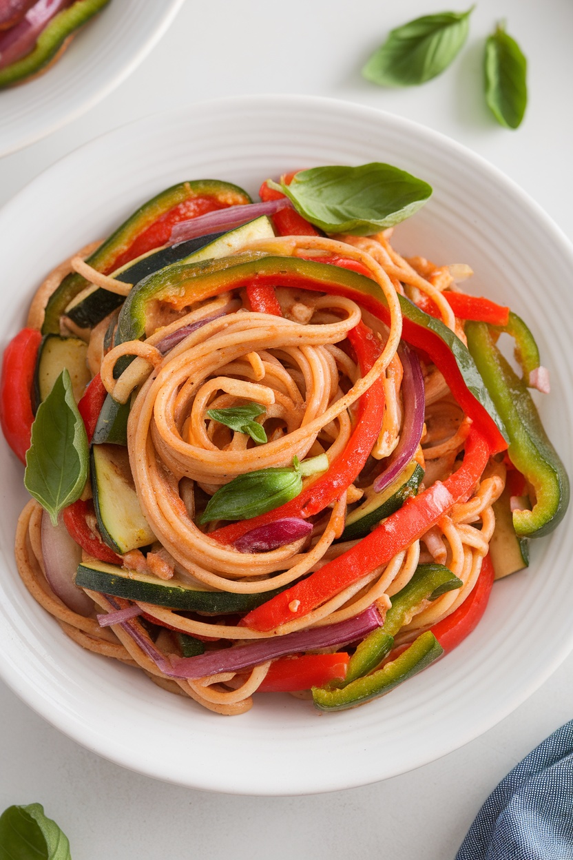 A serving of whole wheat pasta primavera with colorful vegetables