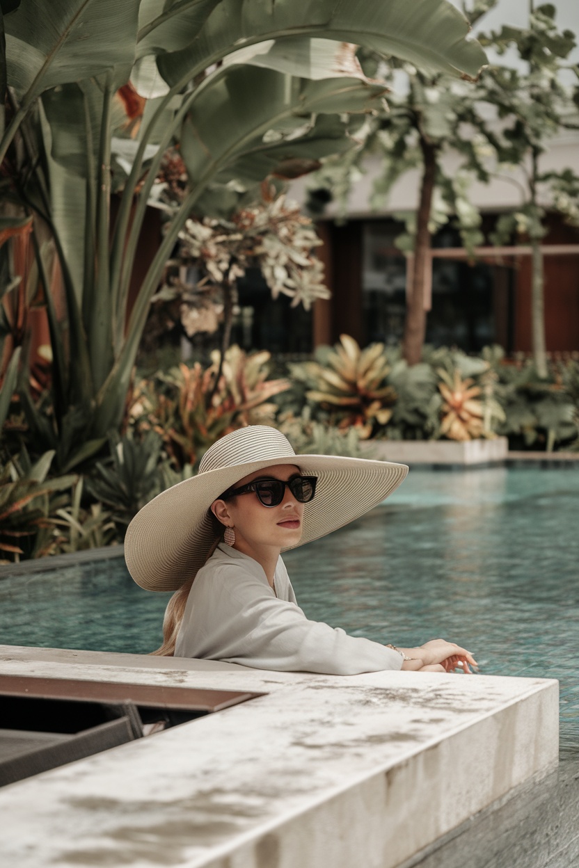 A stylish person wearing a wide-brimmed hat and sunglasses by a pool surrounded by tropical plants.