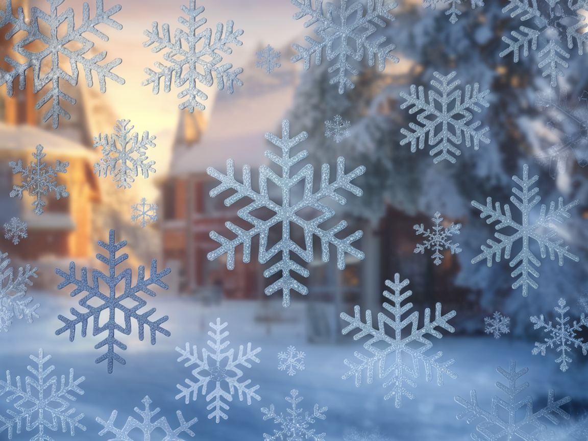 Snowflakes decorating a window with a snowy landscape in the background.