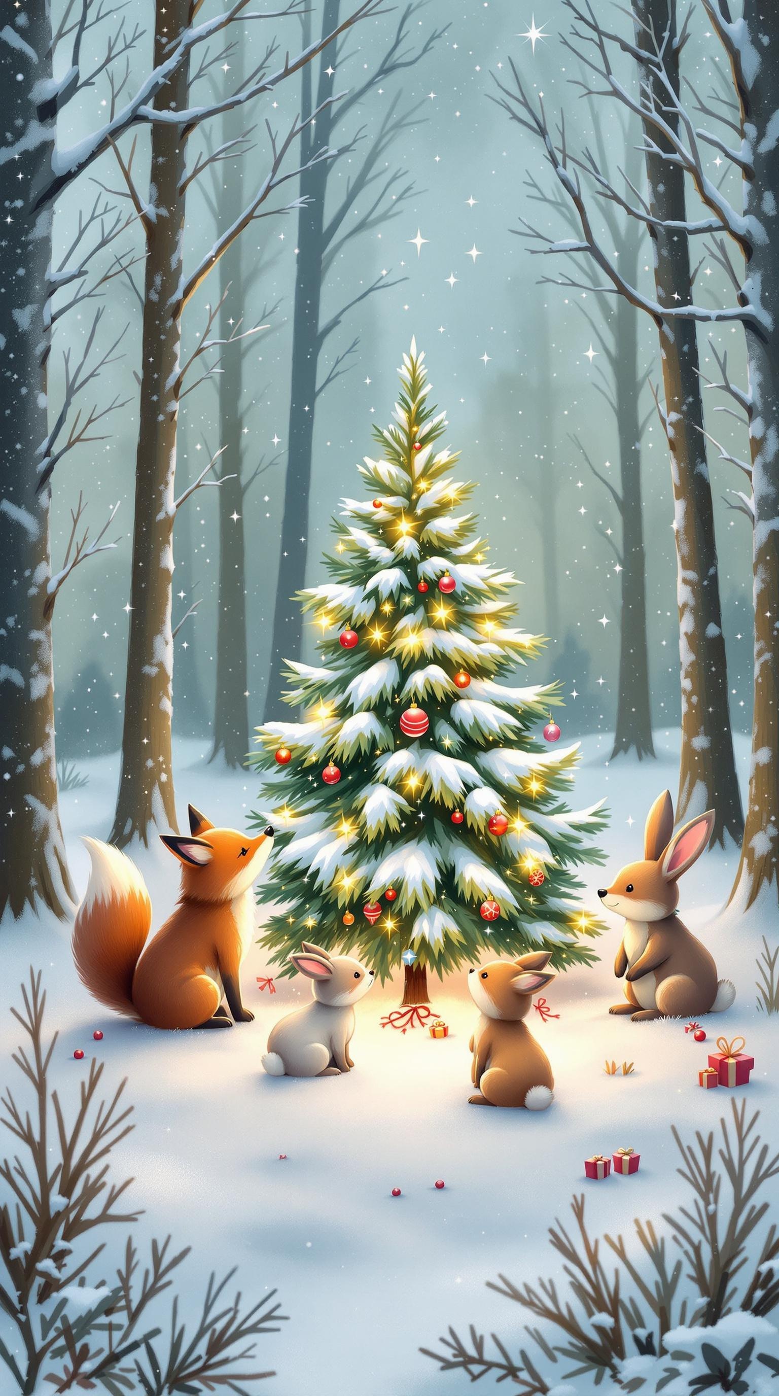 Woodland animals gathering around a decorated Christmas tree in a snowy forest.