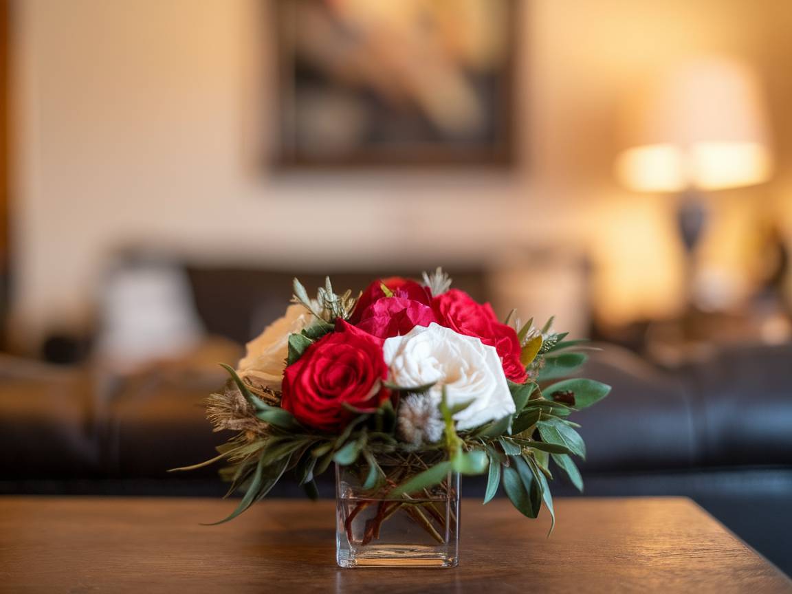 A cozy winter floral arrangement featuring red and white roses.