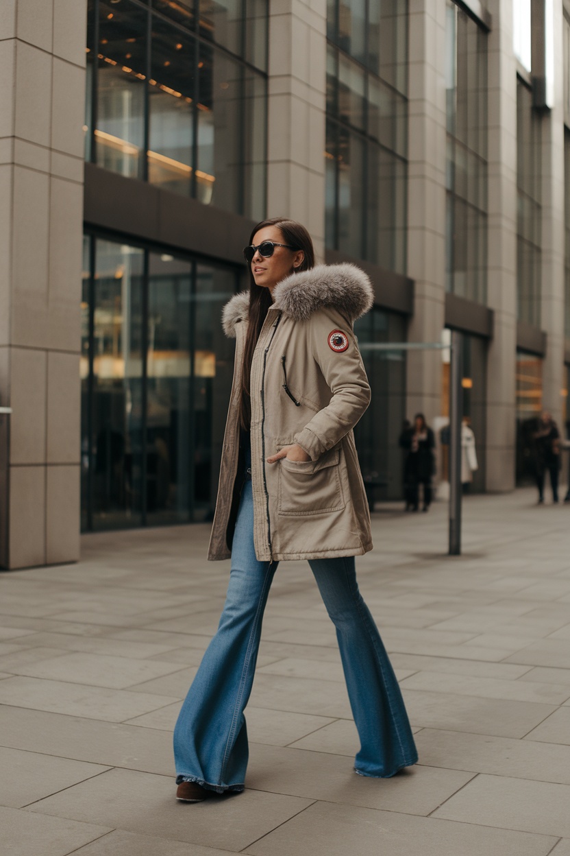 A woman walking confidently in a winter parka and flared jeans, showcasing a chic winter outfit.