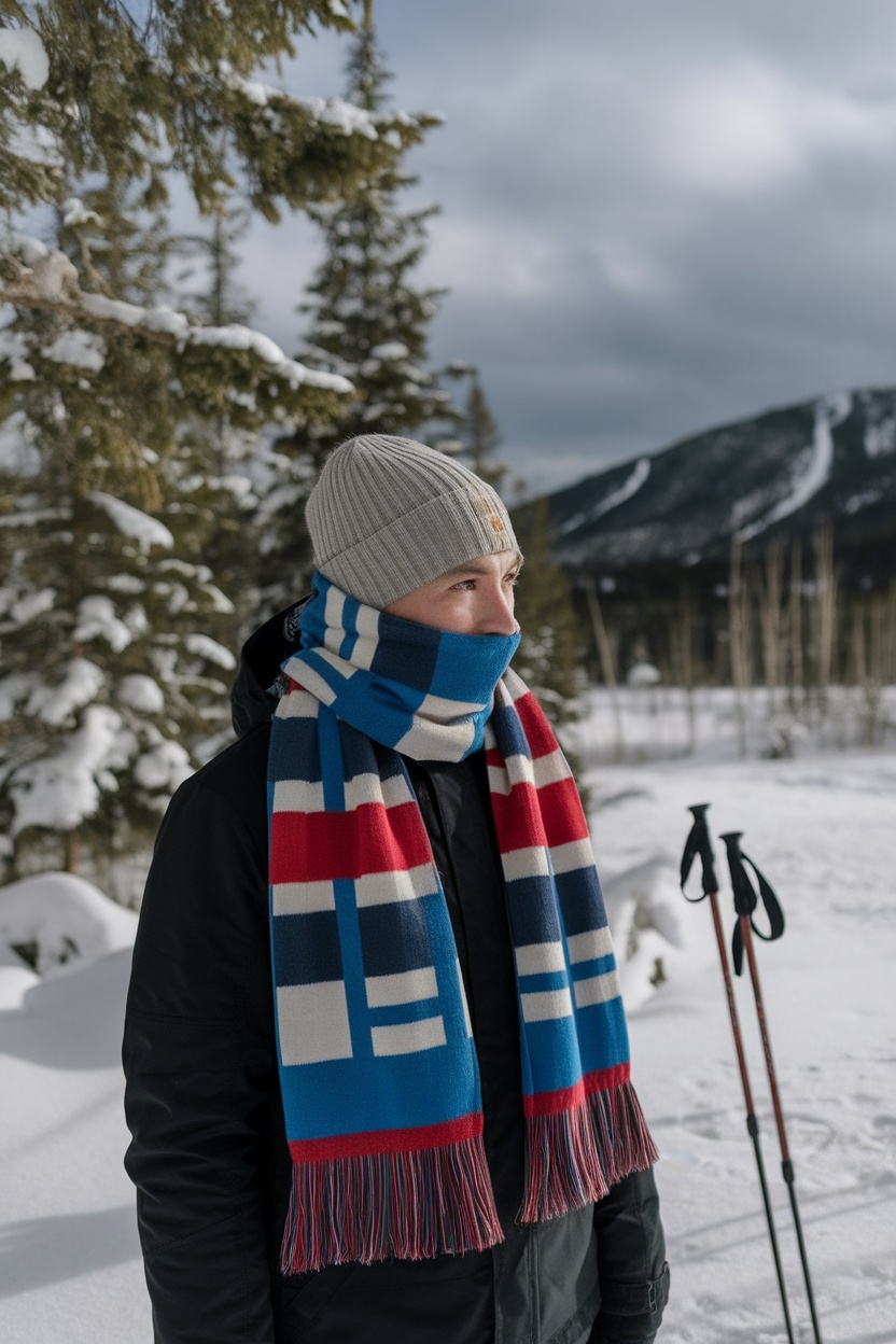 A young man wearing a colorful scarf and beanie, standing in a snowy winter landscape.