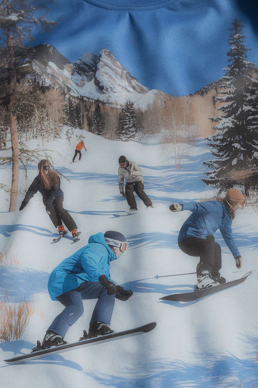 A vibrant winter scene featuring skiers and snowboarders enjoying the snowy slopes.