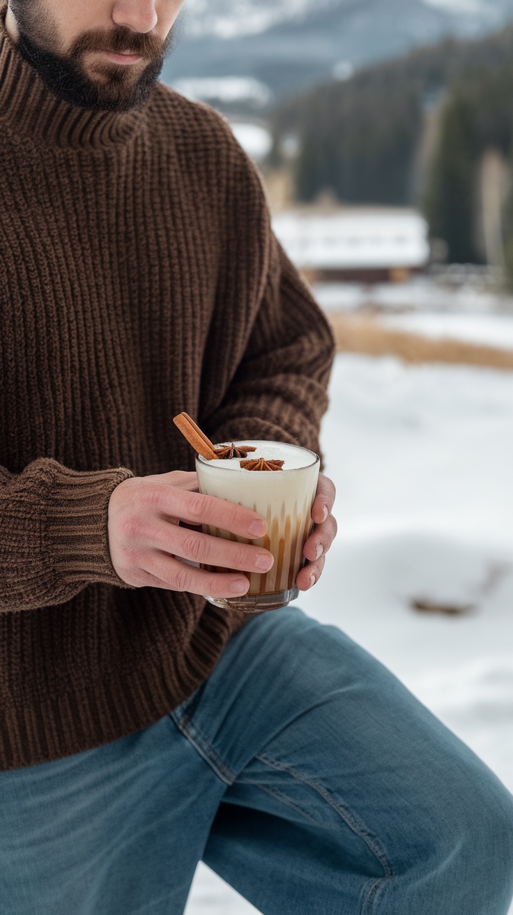 A man in a brown knitted sweater and baggy jeans, holding a spiced drink in a snowy landscape.