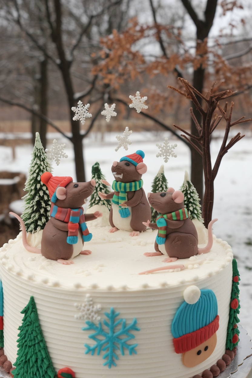 A whimsical winter-themed cake featuring cute rat figures in colorful attire, surrounded by snowflakes and Christmas trees.