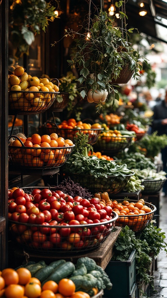 A colorful display of fruits and vegetables in wire baskets at a market, showcasing fresh produce.