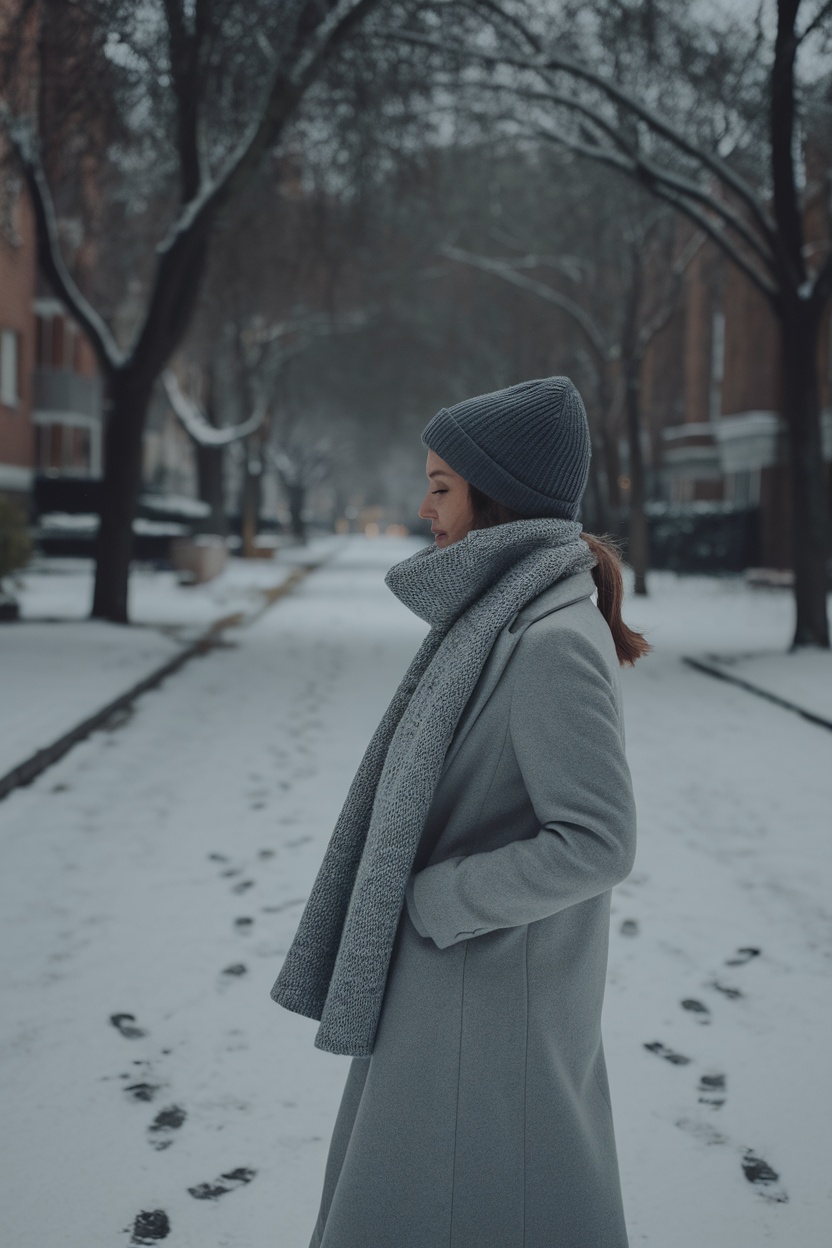 Woman wearing a gray wool coat and chunky scarf in a snowy street