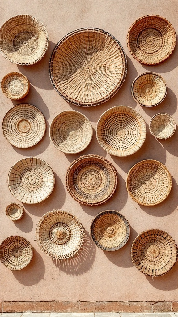 A collection of woven wall baskets of various sizes and designs arranged on a wall.