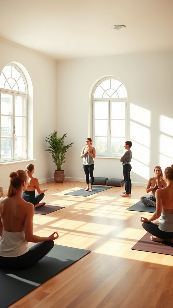 A serene yoga studio with beginners practicing yoga under natural light