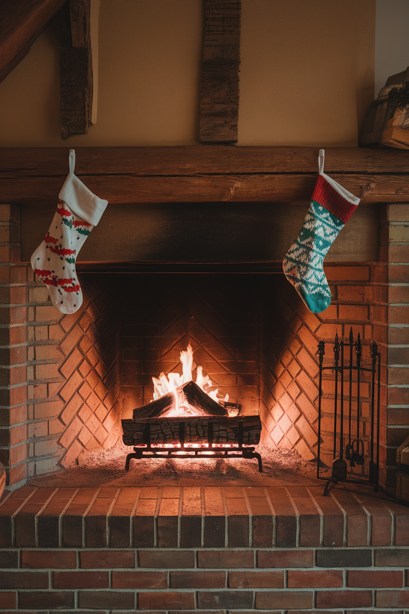 Cozy fireplace with two Christmas stockings hanging above it.