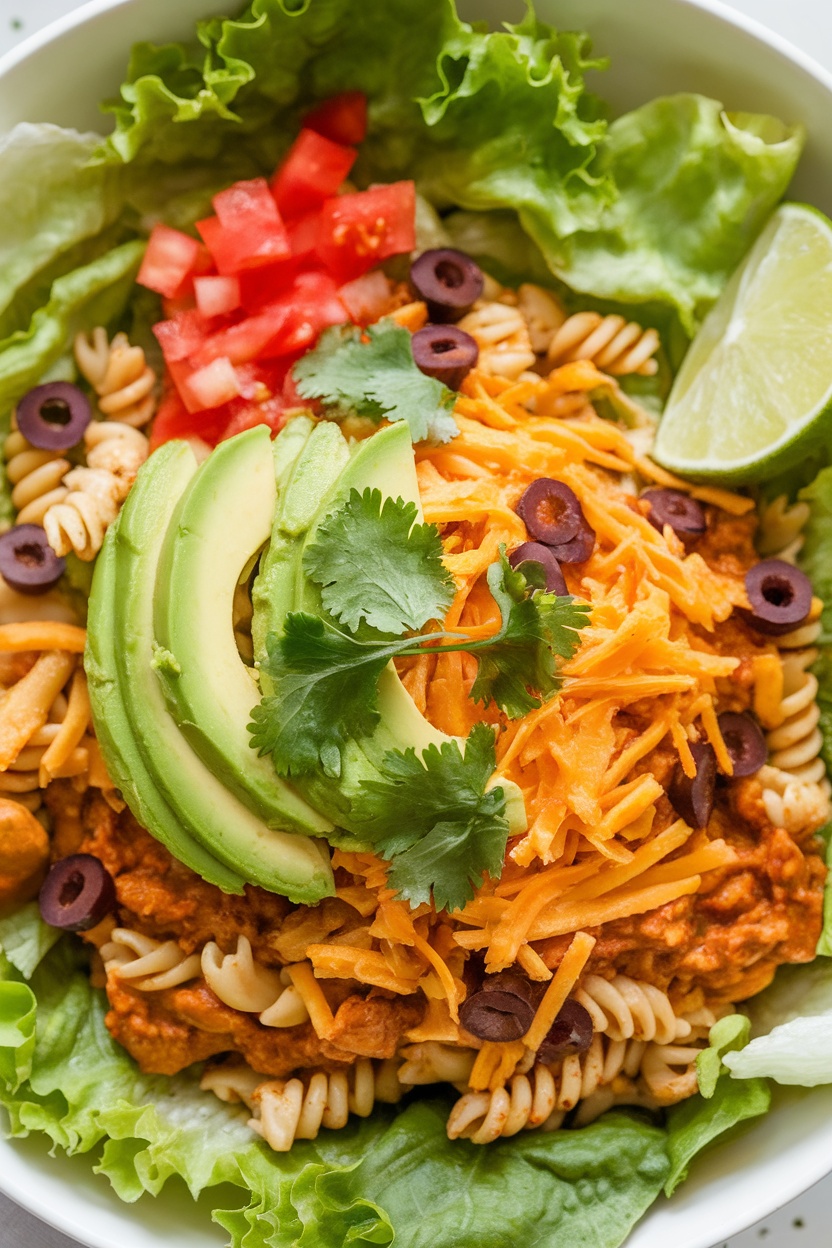 A bowl of zesty chicken taco pasta with lettuce, tomatoes, avocado, cheese, and olives.