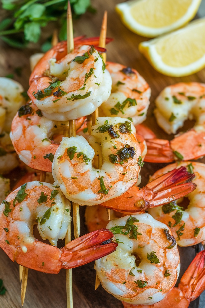 Grilled shrimp skewers with herbs and lemon.