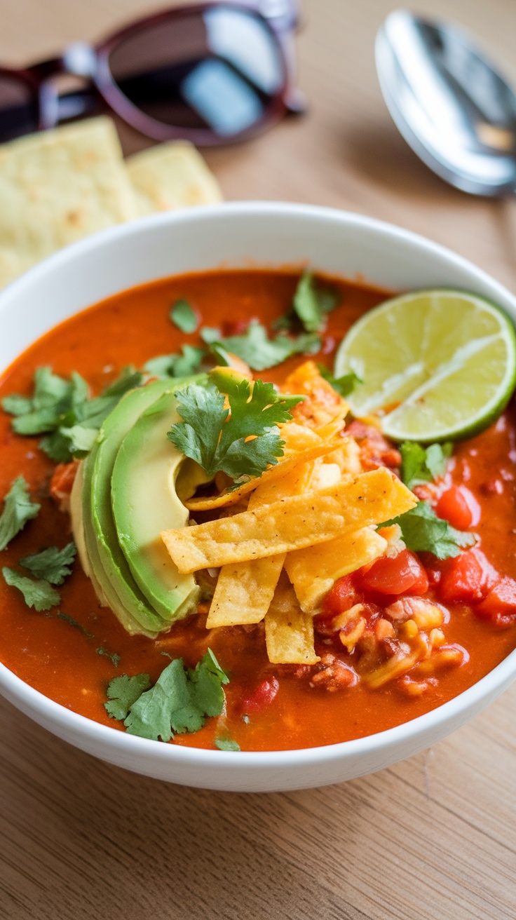 A bowl of Zesty Tortilla Soup topped with avocado, tortilla strips, and cilantro, with lime wedges on the side.