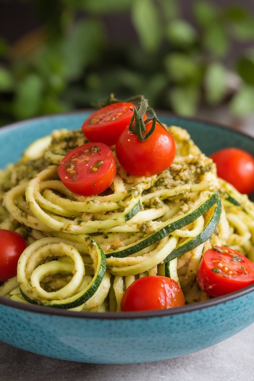 A bowl of zucchini noodles topped with pesto and cherry tomatoes.