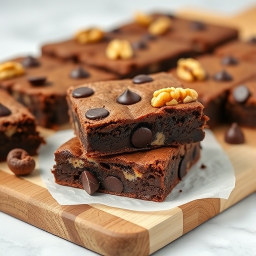 Delicious chocolate chip walnut brownies on a wooden cutting board.