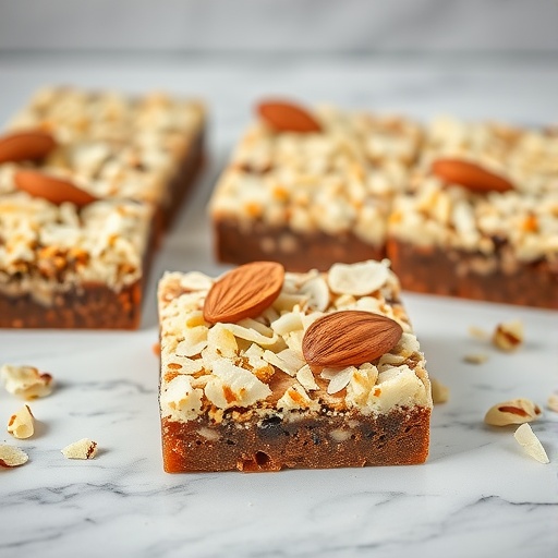Delicious coconut almond brownies on a marble surface