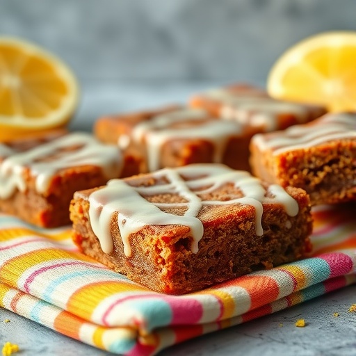 Delicious keto lemon zest brownies with icing on a colorful napkin