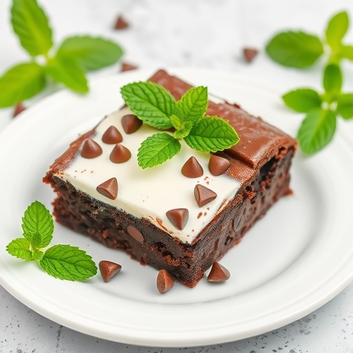 Mint chocolate chip brownies on a white plate, garnished with mint leaves and chocolate chips.