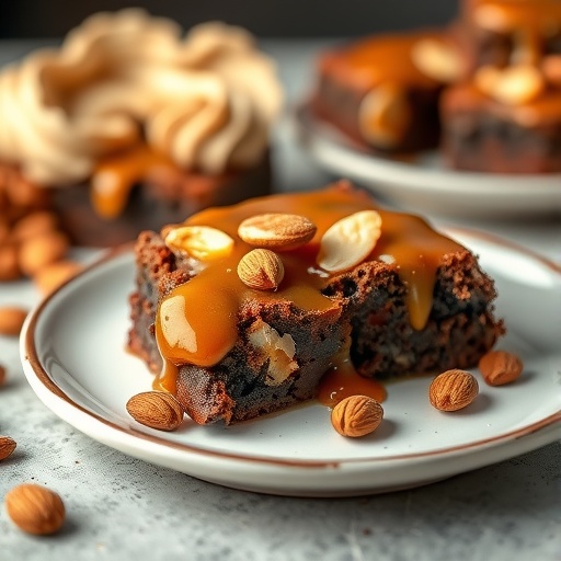 Nutty caramel brownies with almonds on a plate