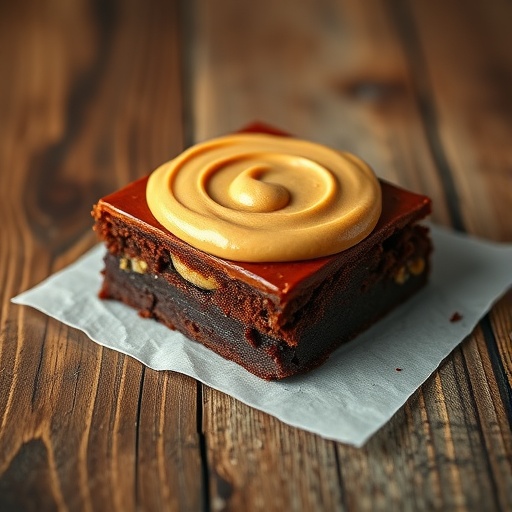 Delicious peanut butter swirl brownies on a wooden surface.