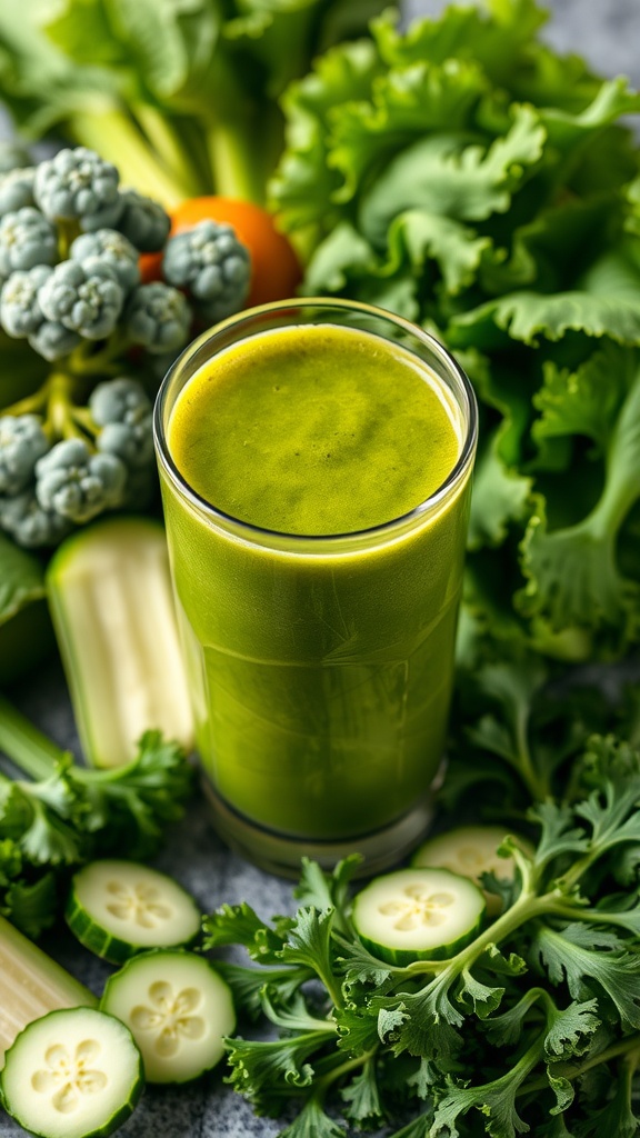 A green smoothie surrounded by fresh vegetables like kale, broccoli, and cucumber