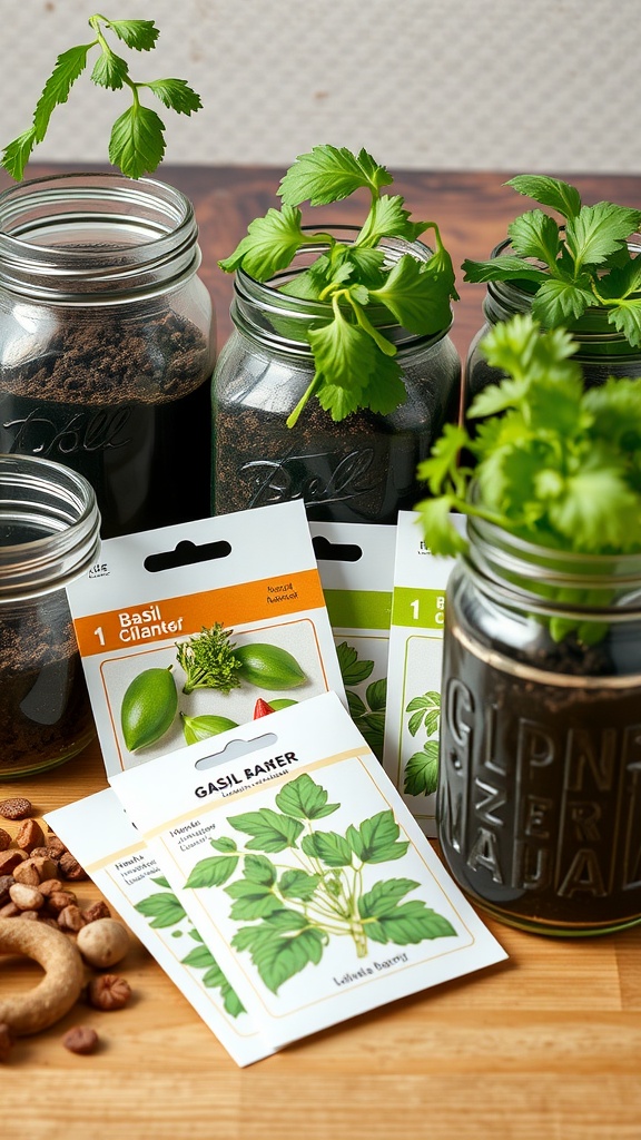 Mason jars with herb seeds and soil for planting herbs.