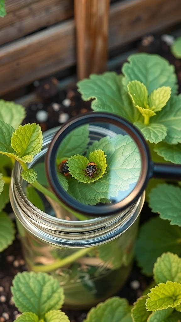 A magnifying glass revealing pests on a leaf inside a mason jar herb garden