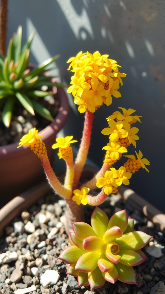 A Crassula Falcata succulent with bright yellow flowers and green leaves.