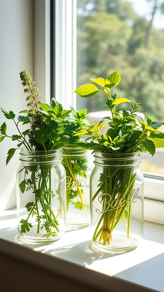 Mason jars with fresh herbs in sunlight on a windowsill