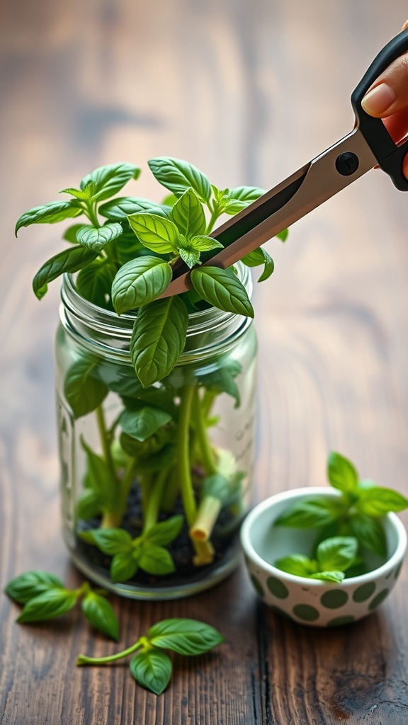 A person trimming basil leaves from a mason jar filled with fresh basil plants.