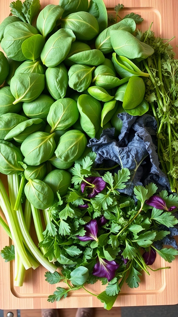 A variety of leafy greens including spinach, kale, and herbs on a cutting board.