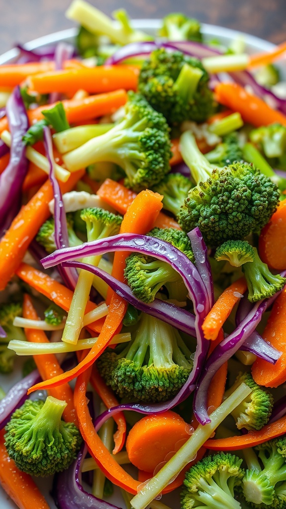 A colorful mix of broccoli, carrots, and purple cabbage in a bowl