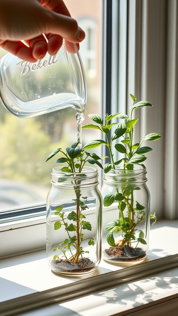 A person watering mint plants in mason jars placed on a windowsill.