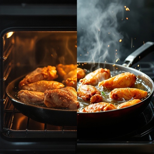 Honey buffalo wings being baked and fried.