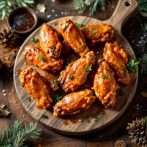 A platter of honey buffalo wings garnished with herbs.