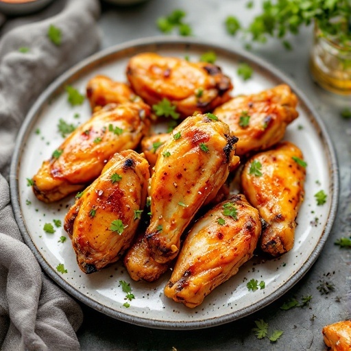 A plate of honey buffalo wings garnished with parsley.