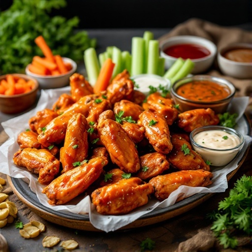 A platter of honey buffalo wings served with various dipping sauces and vegetable sticks.