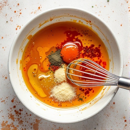 A close-up of a bowl with a vibrant honey buffalo marinade mixture, featuring spices and an egg yolk.