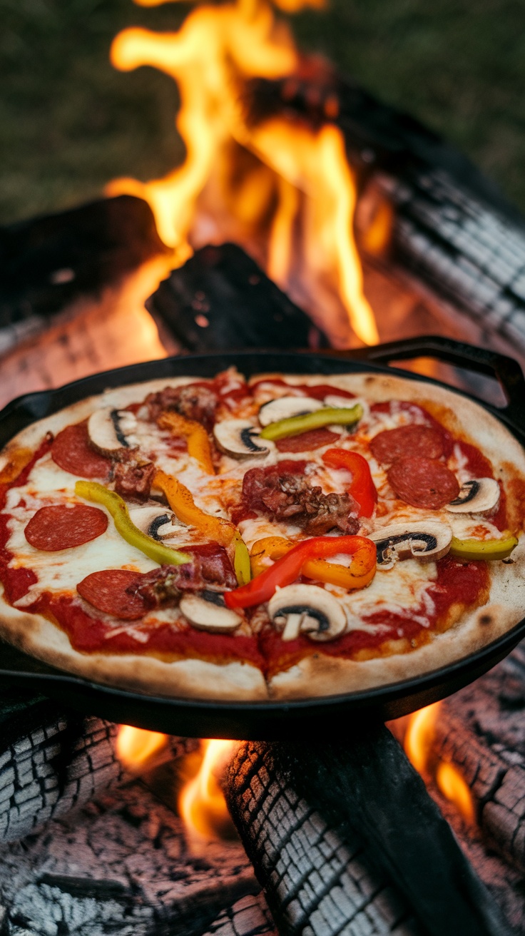 Campfire pizza with various toppings cooking over a fire.